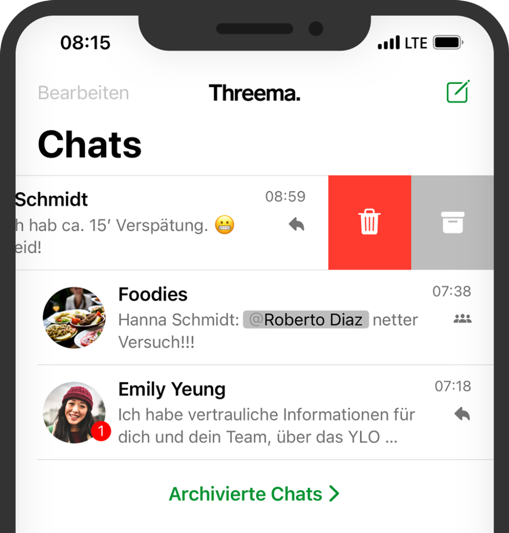 S-Bildschirm mit Threema-Chats: Nutzer &sbquo;Schmidt&lsquo; mit Wisch-zum-L&ouml;schen, Gruppe &sbquo;Foodies&lsquo; und &sbquo;Emily Yeung&lsquo;.