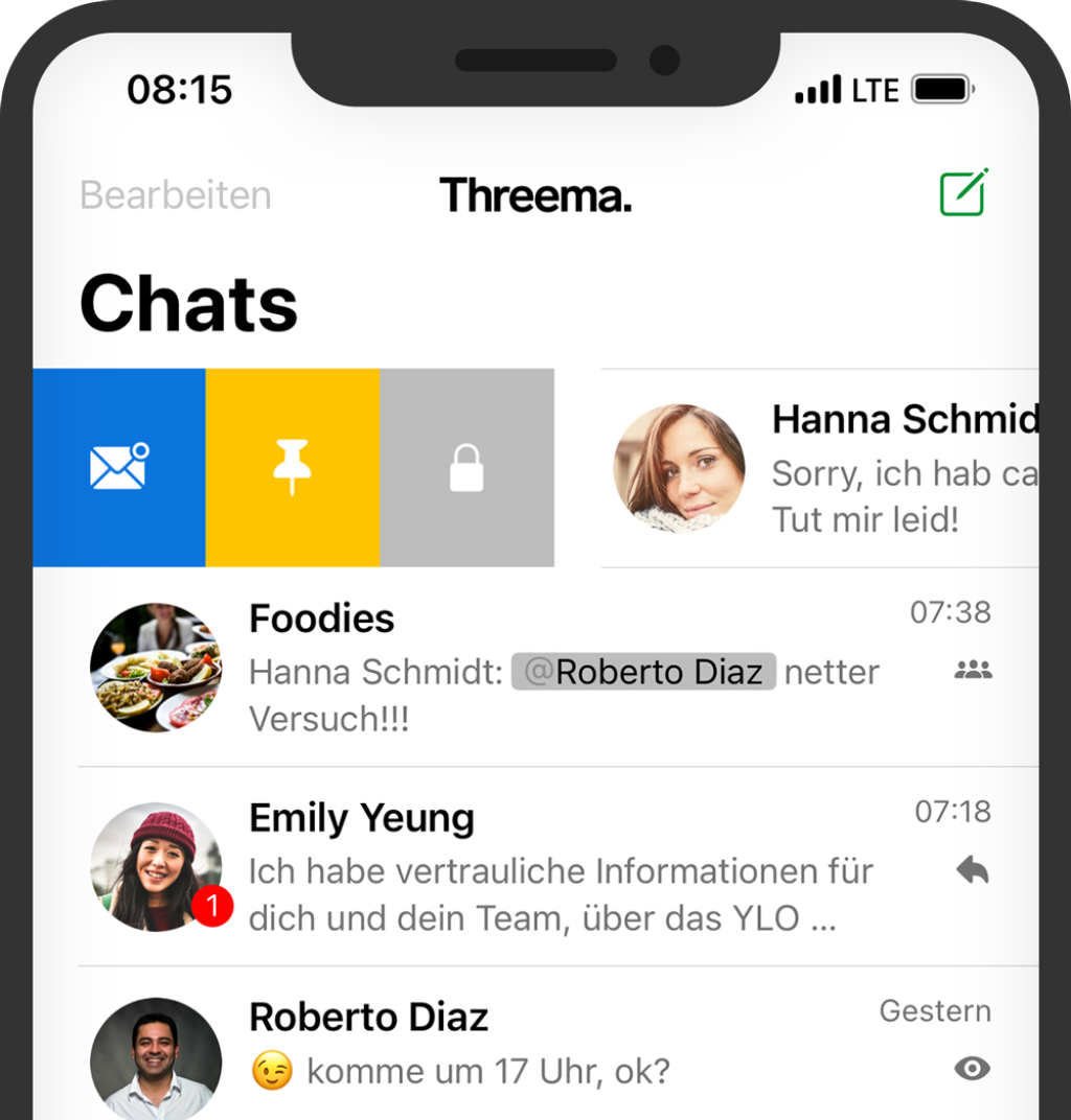Smartphone zeigt Threema-Chats: Gruppe 'Foodies' mit Bild, 'Emily Yeung' mit ungelesener Nachricht, 'Roberto Diaz'.