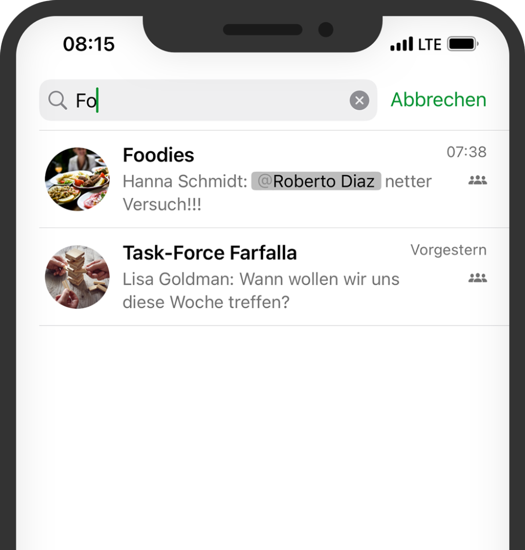 Chatliste auf Telefon: Suchfeld und zwei Gruppen&mdash;Foodies zeigt '@Roberto Diaz netter Versuch!!!' um 07:38; Task-Force Farfalla mit 'Vorgestern'.
