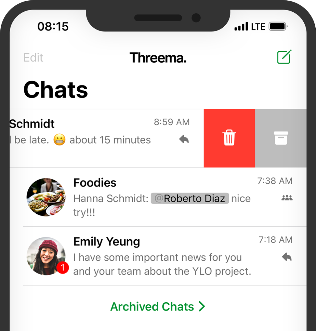 iPhone screen showing Threema chat list: Schmidt delete option, Foodies group chat, Emily Yeung unread, Archived Chats.