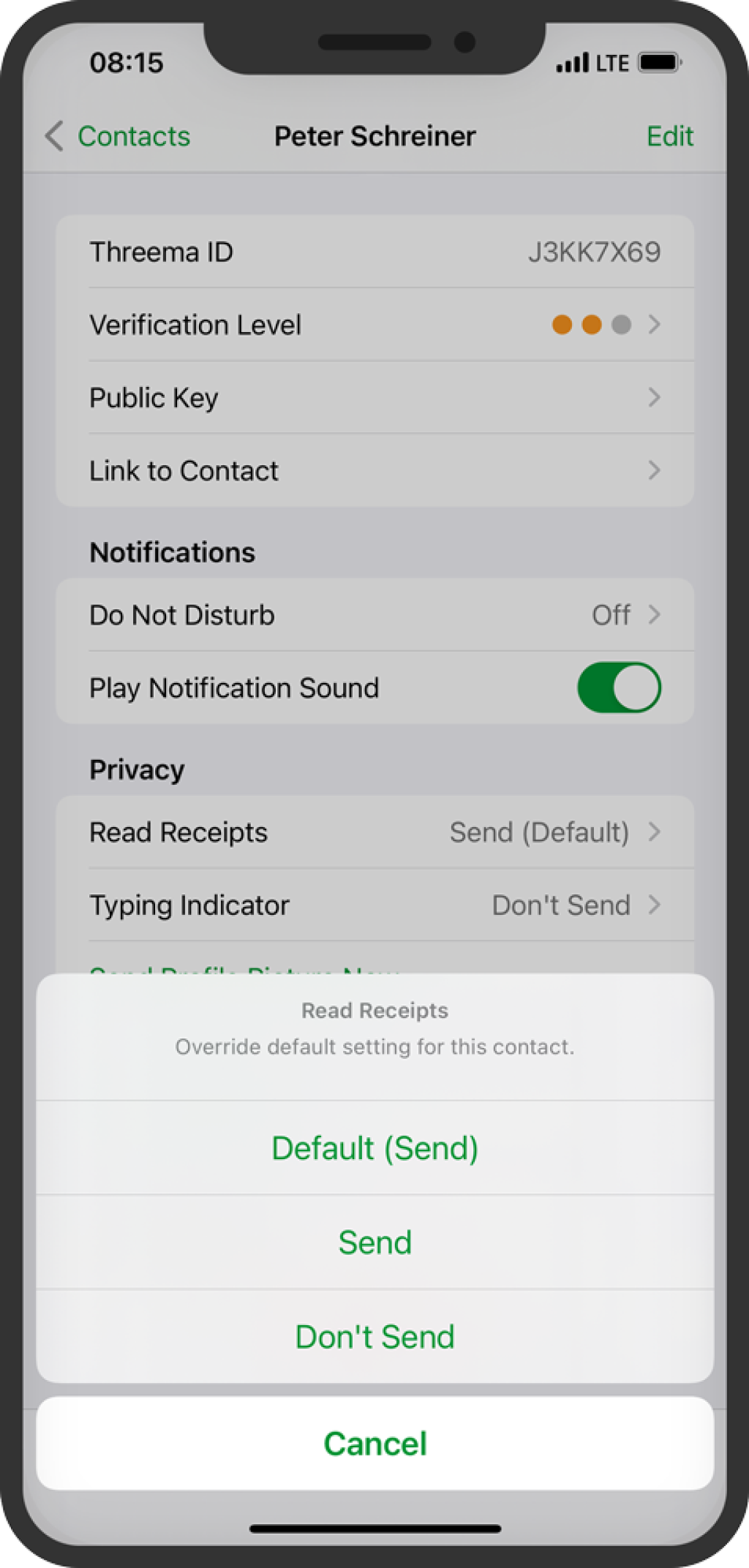 iPhone screenshot of Threema contact settings for Peter Schreiner showing ID, notifications and read receipts options.