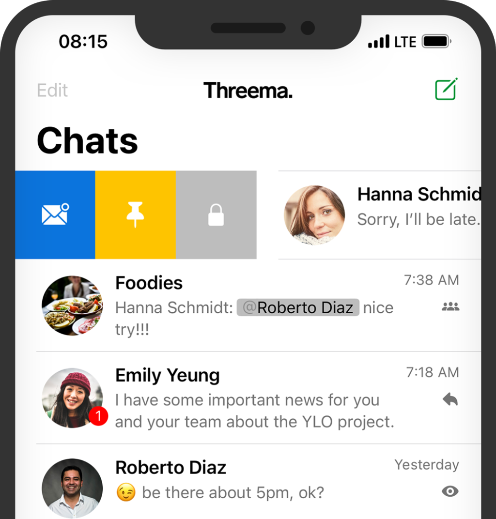 Threema chat screen on smartphone: message, pin, lock tabs and chat previews from Foodies, Emily Yeung, Roberto Diaz.
