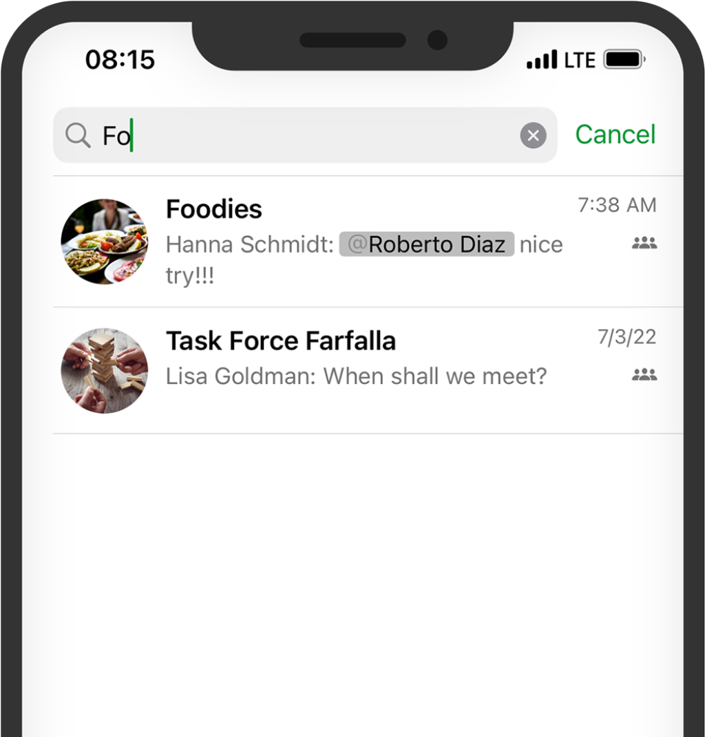 iPhone chats: search Fo; Foodies with food photo and Hanna Schmidt text; Task Force Farfalla with wood block image.