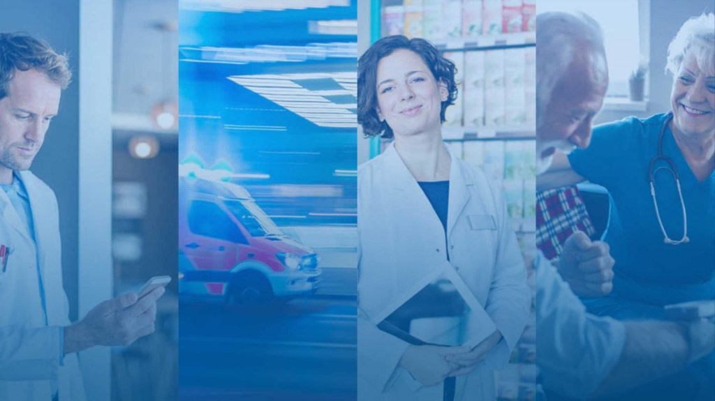 Collage of a male doctor checking his phone, a speeding ambulance, a female doctor holding a tablet, and a nurse helping an elderly patient.