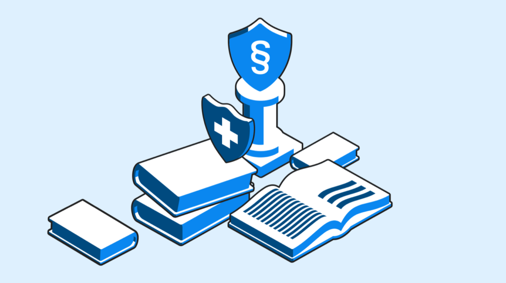 Isometrische Illustration gestapelter B&uuml;cher, einem offenen Buch und Schildern mit Paragrafen- und Medizin-Kreuz-Symbolen.