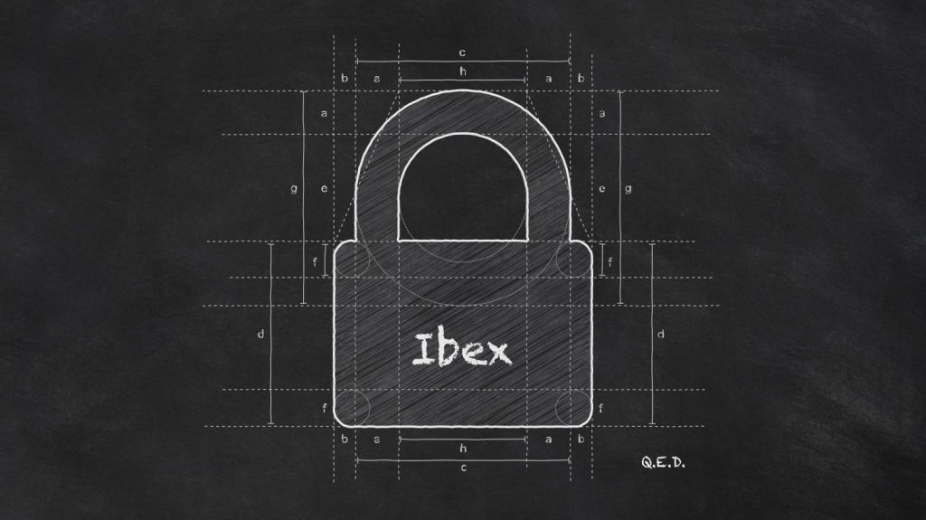 Chalk-style blackboard blueprint of a padlock with 'Ibex' label and measurement lines.