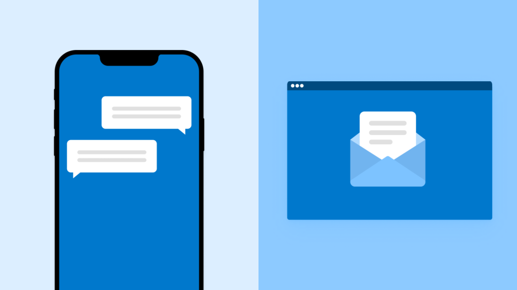 Smartphone-Bildschirm mit zwei Chatblasen neben Browserfenster mit E-Mail-Umschlag und Nachricht.