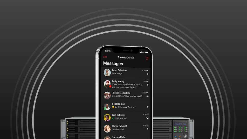 Smartphone showing Threema.OnPrem message list on a dark background with server rack and signal arcs.
