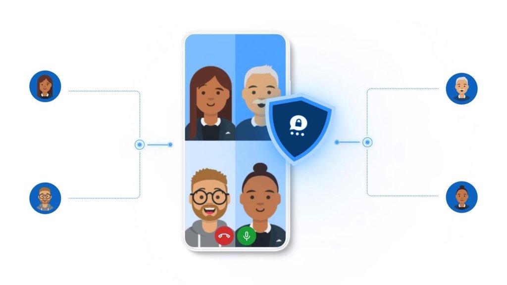 Illustration eines Smartphones mit vier Videokonferenz-Teilnehmern und einem Schildsymbol f&uuml;r sichere Verbindung.