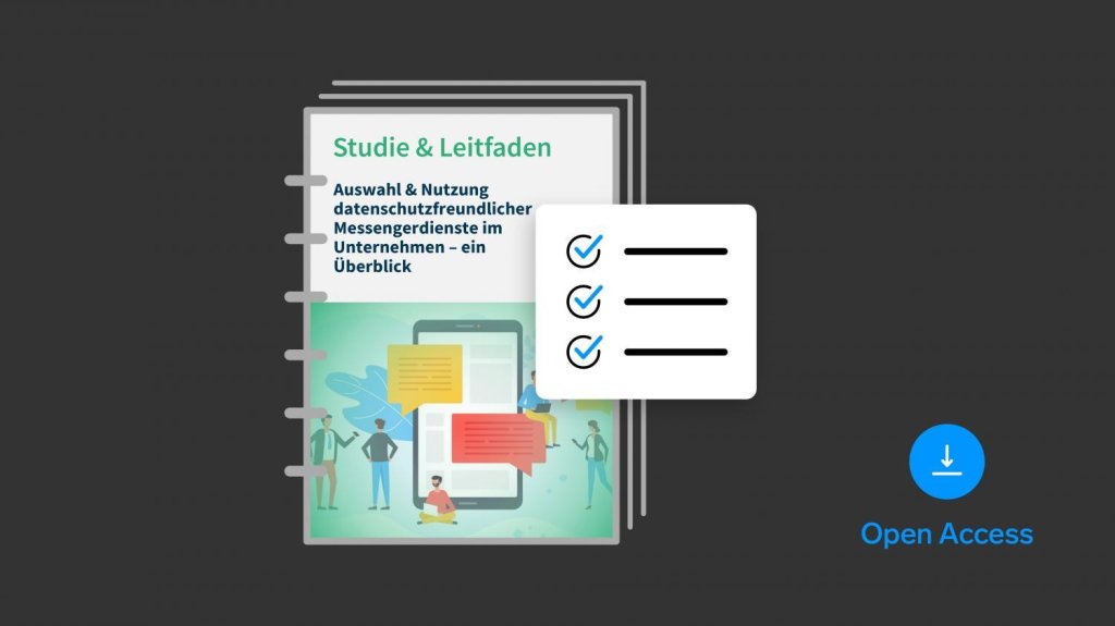 Titelbild einer deutschen Studie zum datenschutzfreundlichen Einsatz von Messengerdiensten, mit Smartphone, Sprechblasen, Figuren und Open-Access-Symbol.