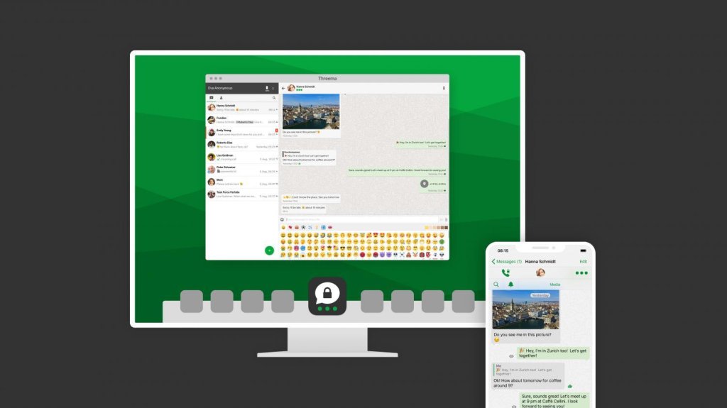 Threema secure messaging app displayed on desktop and smartphone with chat threads and emojis on green background.