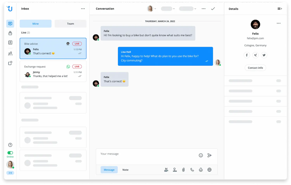 Kunden-Support-Chat mit Posteingang links, Gespr&auml;chsfenster in der Mitte und Nutzerdetails rechts.