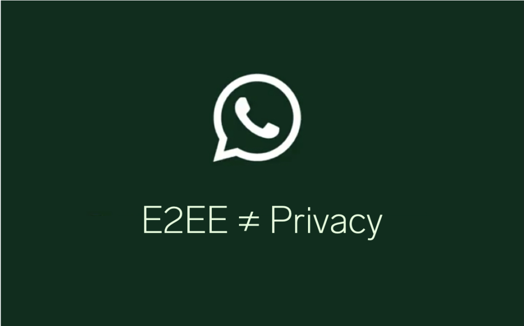 WhatsApp logo above the text 'E2EE &ne; Privacy' on a dark green background.