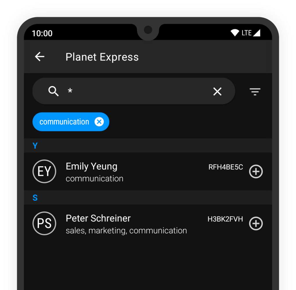 Smartphone screen showing Planet Express app with communication filter, listing Emily Yeung and Peter Schreiner.