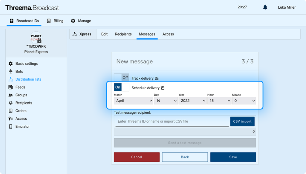 Screenshot of Threema.Broadcast interface showing schedule delivery toggled on for April 14, 2022 at 15:00.