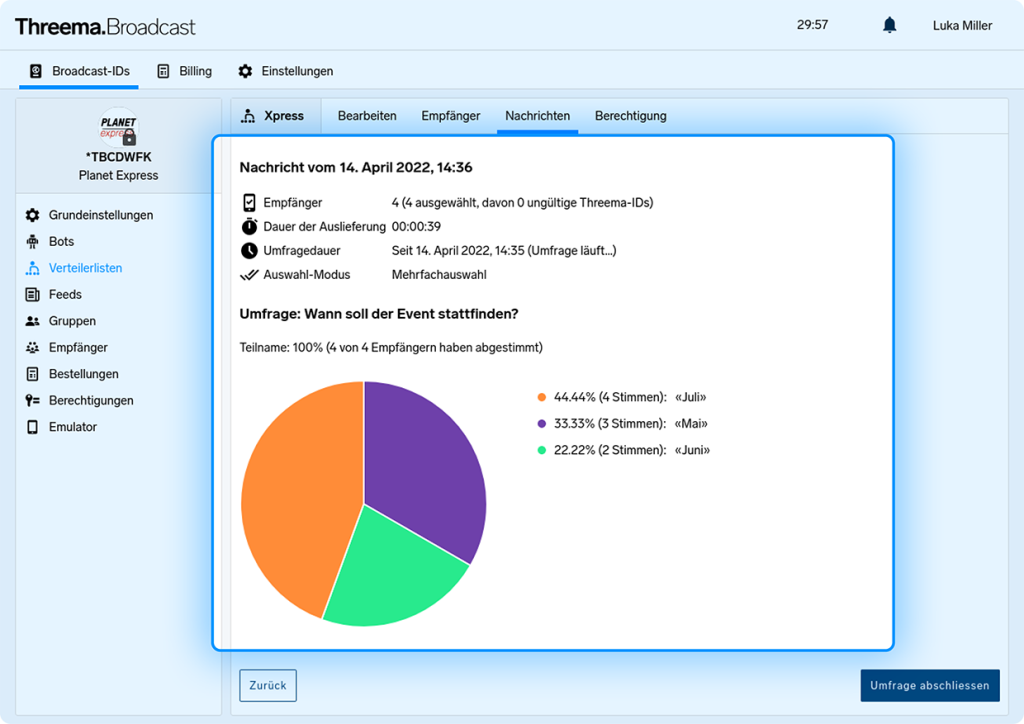 Screenshot der Threema.Broadcast-Oberfl&auml;che mit Tortendiagramm zu Abstimmungsergebnissen f&uuml;r Event-Termine.