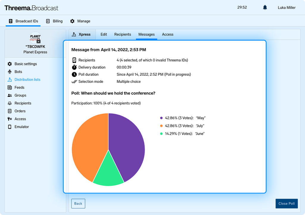 Threema.Broadcast screenshot showing a live poll on conference dates with a pie chart and responses.