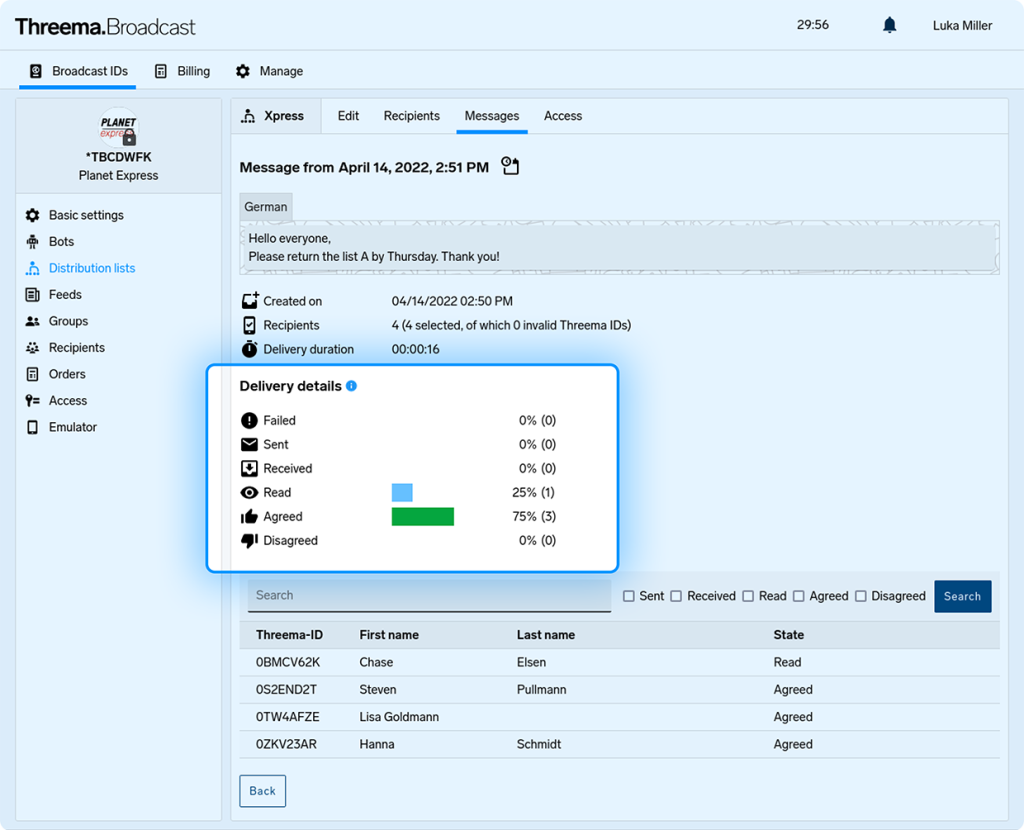 Threema.Broadcast UI displaying 'Planet Express' list, message read and agreement stats, and recipient statuses.