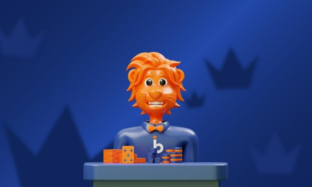 Mascotte lion orange 3D en n&oelig;ud papillon derri&egrave;re table avec jetons de poker et d&eacute;s.