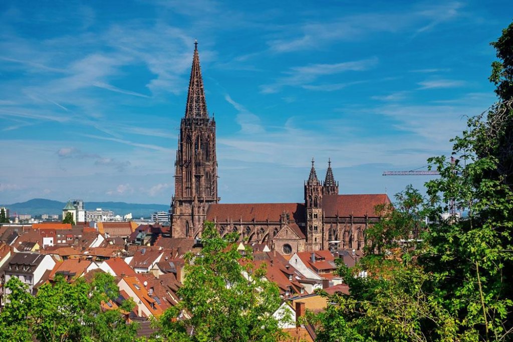 Vue panoramique de la cath&eacute;drale de Fribourg, fl&egrave;che gothique et toits rouges encadr&eacute;s de verdure sous un ciel bleu.