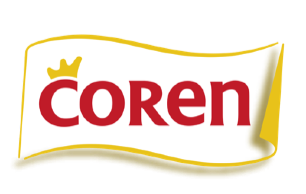 Logo de la marque Coren: texte rouge sur banni&egrave;re blanche ondul&eacute;e avec contour dor&eacute; et petite couronne dor&eacute;e au-dessus du 'o'.
