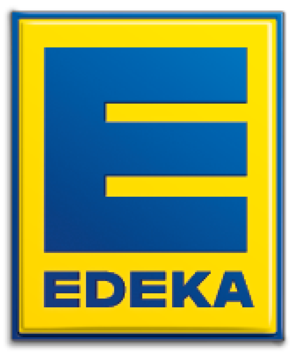 EDEKA logo with large blue E and EDEKA text on yellow background.