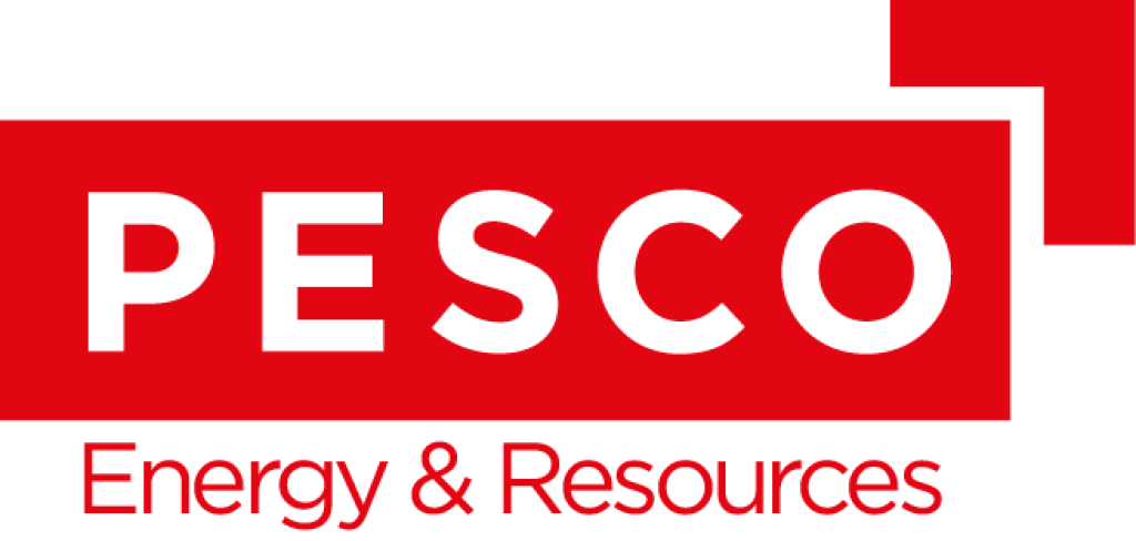 Logotipo de PESCO Energy & Resources con texto blanco sobre fondo rojo.