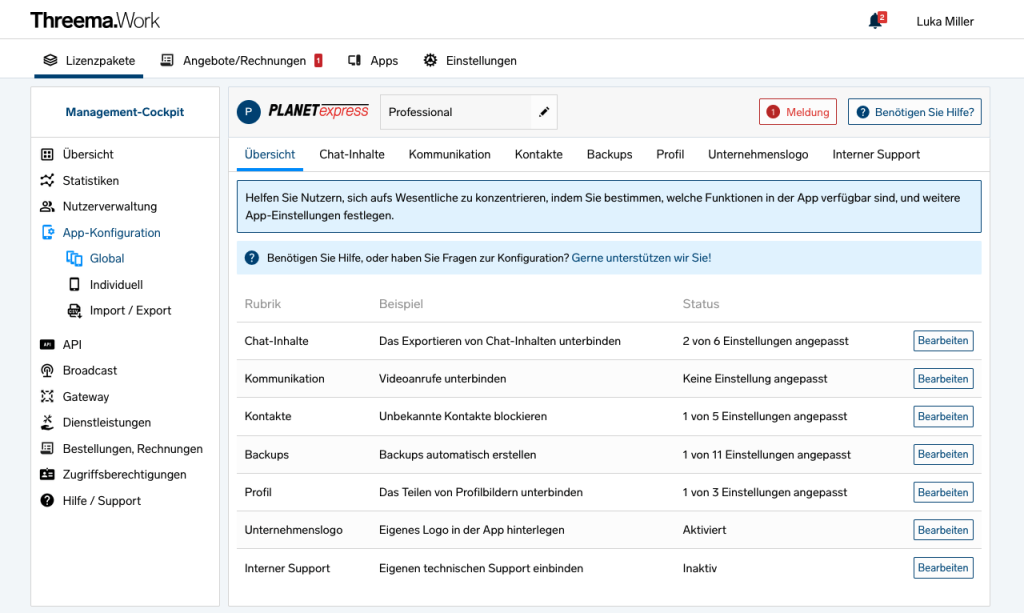 Screenshot des Threema.Work Management-Cockpits mit Lizenzpaketen, App-Konfiguration und Einstellungs&uuml;bersicht.