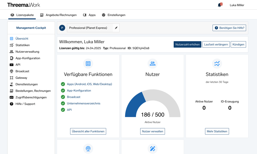 Dashboard des Threema Work Management-Cockpits.