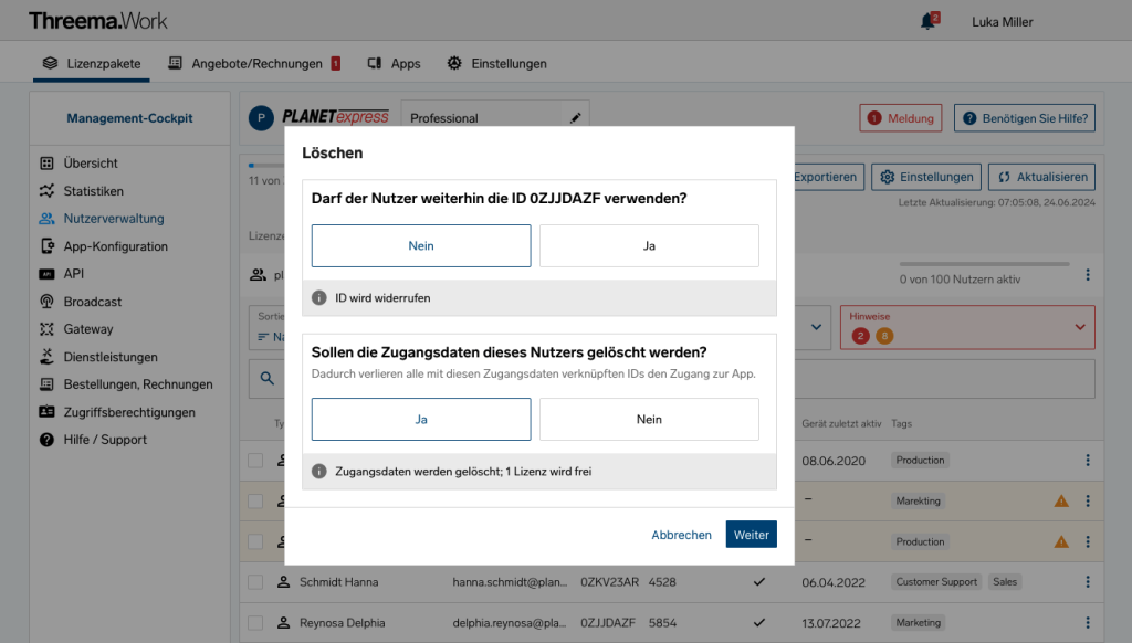 Threema.Work-Popup fragt, ob Nutzer-ID 0ZJJDAZF widerrufen und Zugangsdaten gel&ouml;scht werden sollen.