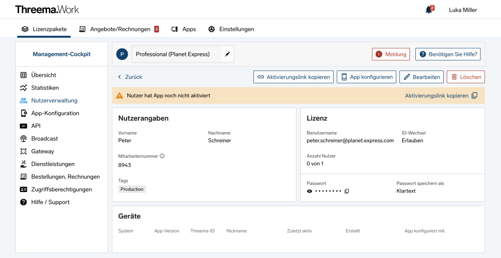 Screenshot des Threema.Work Management-Cockpits mit den Lizenzdetails von Nutzer Peter Schreiner und Navigationsmen&uuml;.