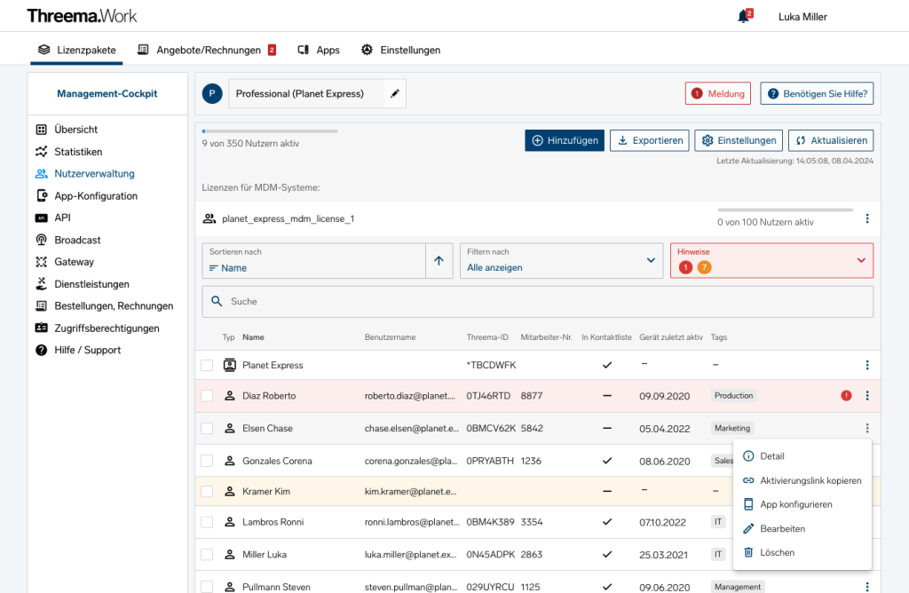 Threema.Work Management-Cockpit mit Lizenzpaketen und Nutzerliste sowie Lizenzstatus und Aktionen.