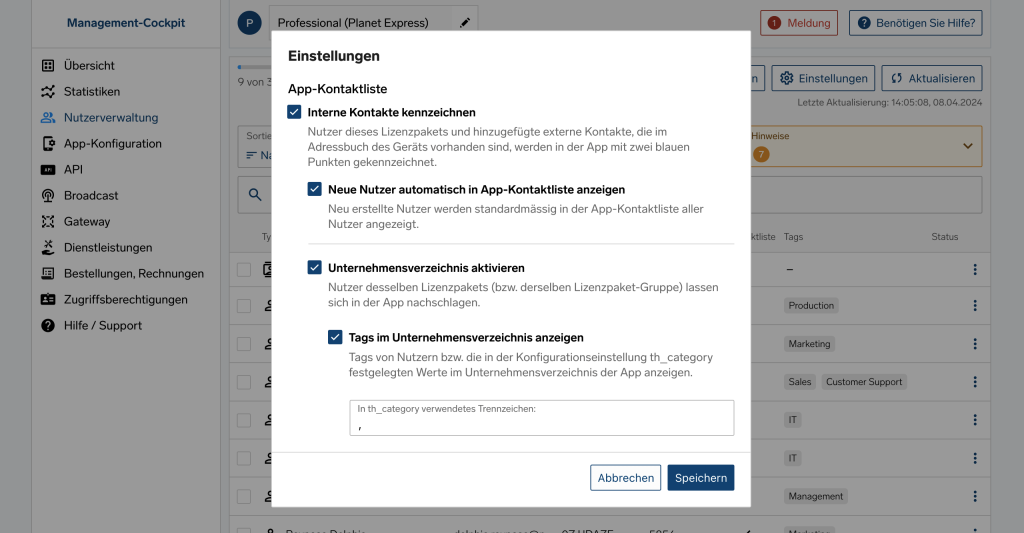 Einstellungsdialog des Management-Cockpits mit Kontaktlisten- und Firmenverzeichnis-Optionen und Kontrollk&auml;stchen.