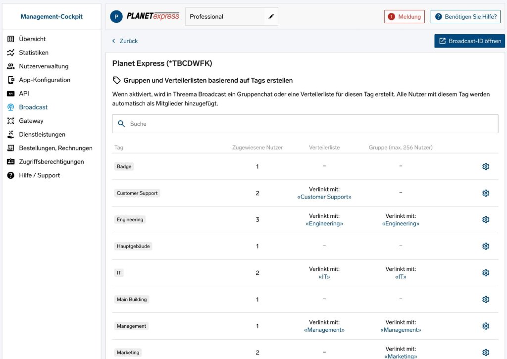 Screenshot der Tag-Management-Funktion von Threema Work.
