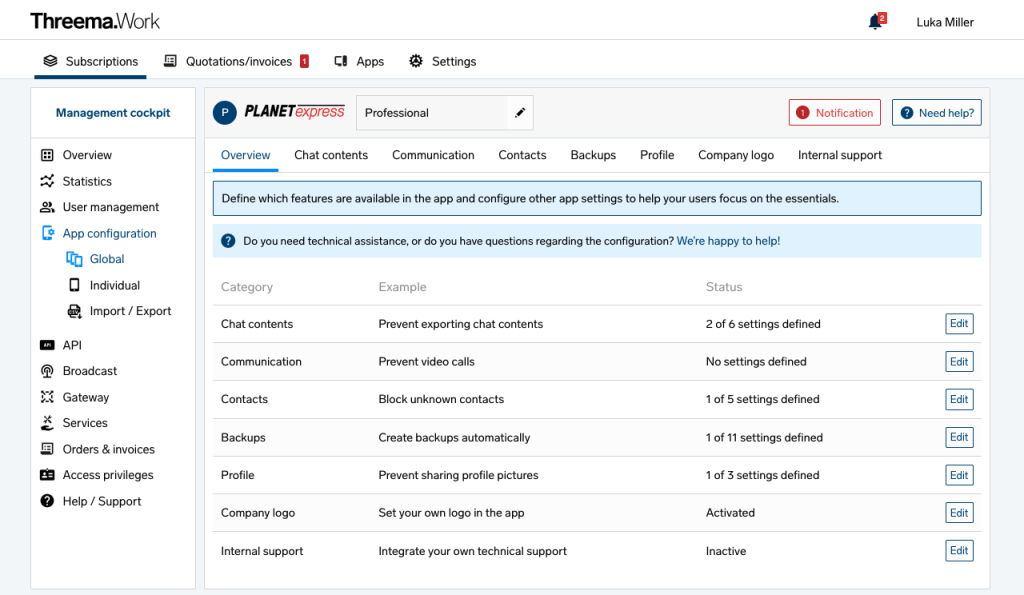 Threema.Work management cockpit showing subscriptions and app configuration options.