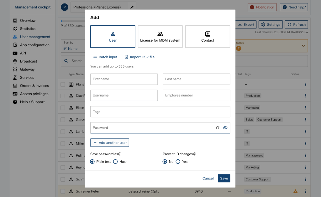 Modal form to add user: name, username, password - CSV import, batch input, and ID settings.