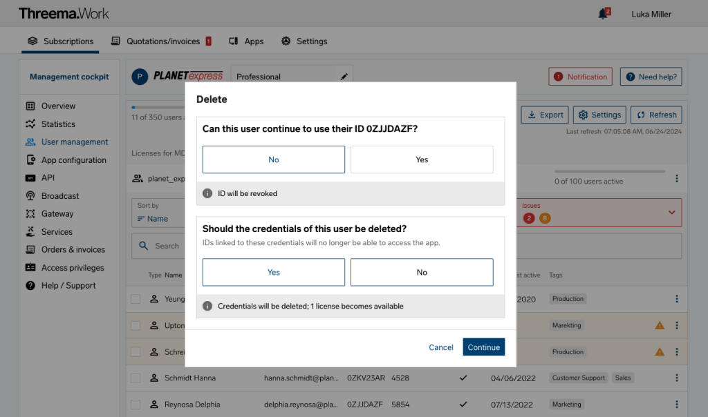 Dialog on Threema.Work interface asking to revoke user ID OZJJDAZF and delete credentials with Yes/No options.
