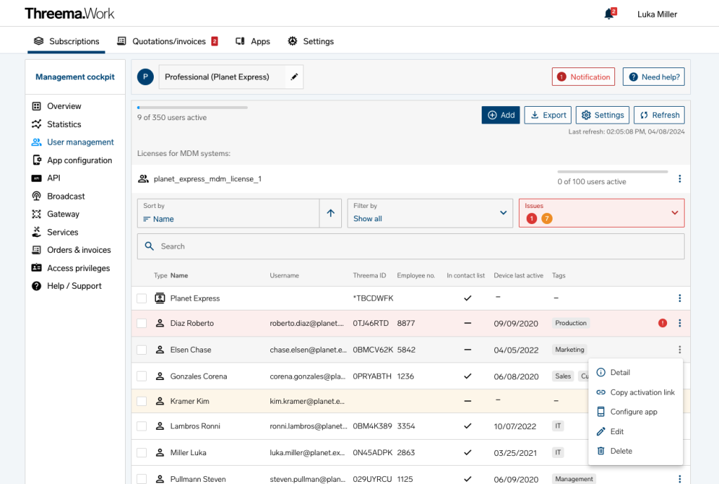 Threema.Work management cockpit user management screen displaying user list, filters, and action buttons.