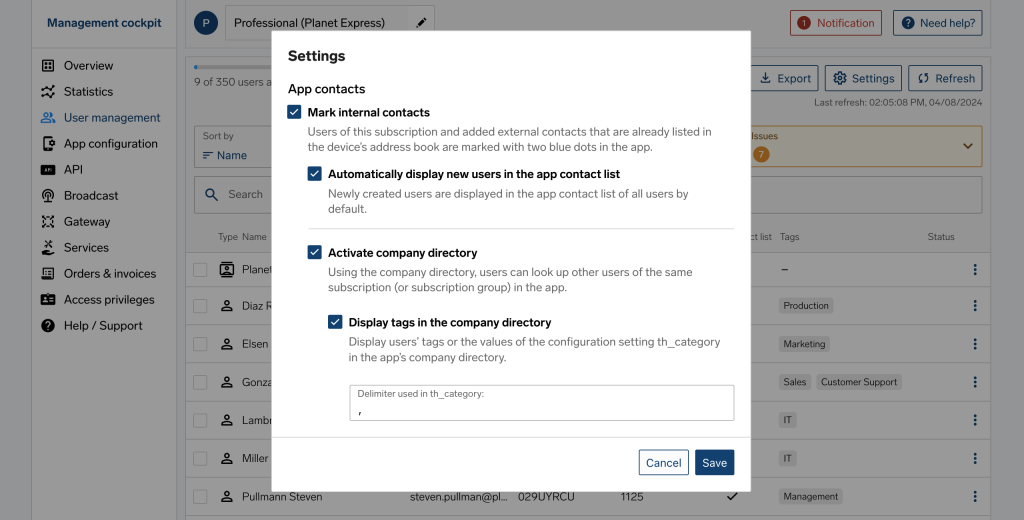 Modal window with settings: Mark internal contacts, auto-display new users, activate company directory, display tags.